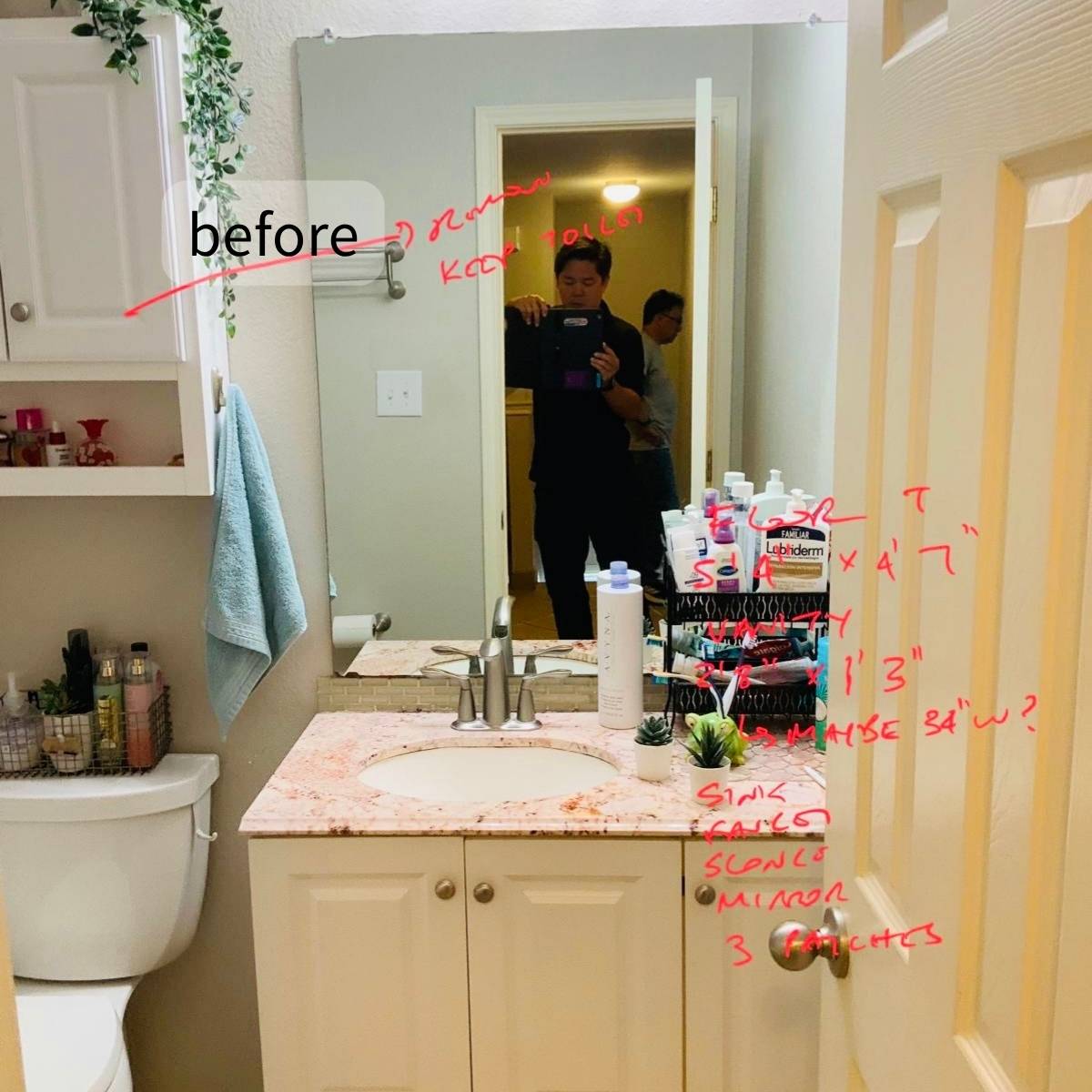 Cramped bathroom before remodel with limited storage and aging fixtures