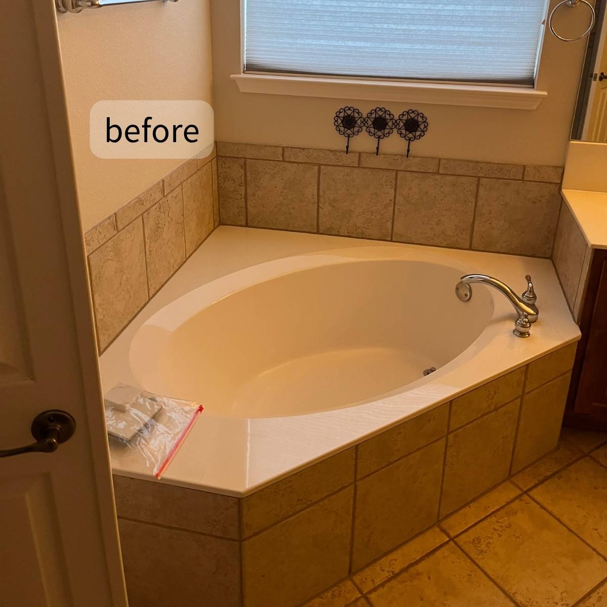 before bathroom renovation Austin Texas showing old corner tub and tile