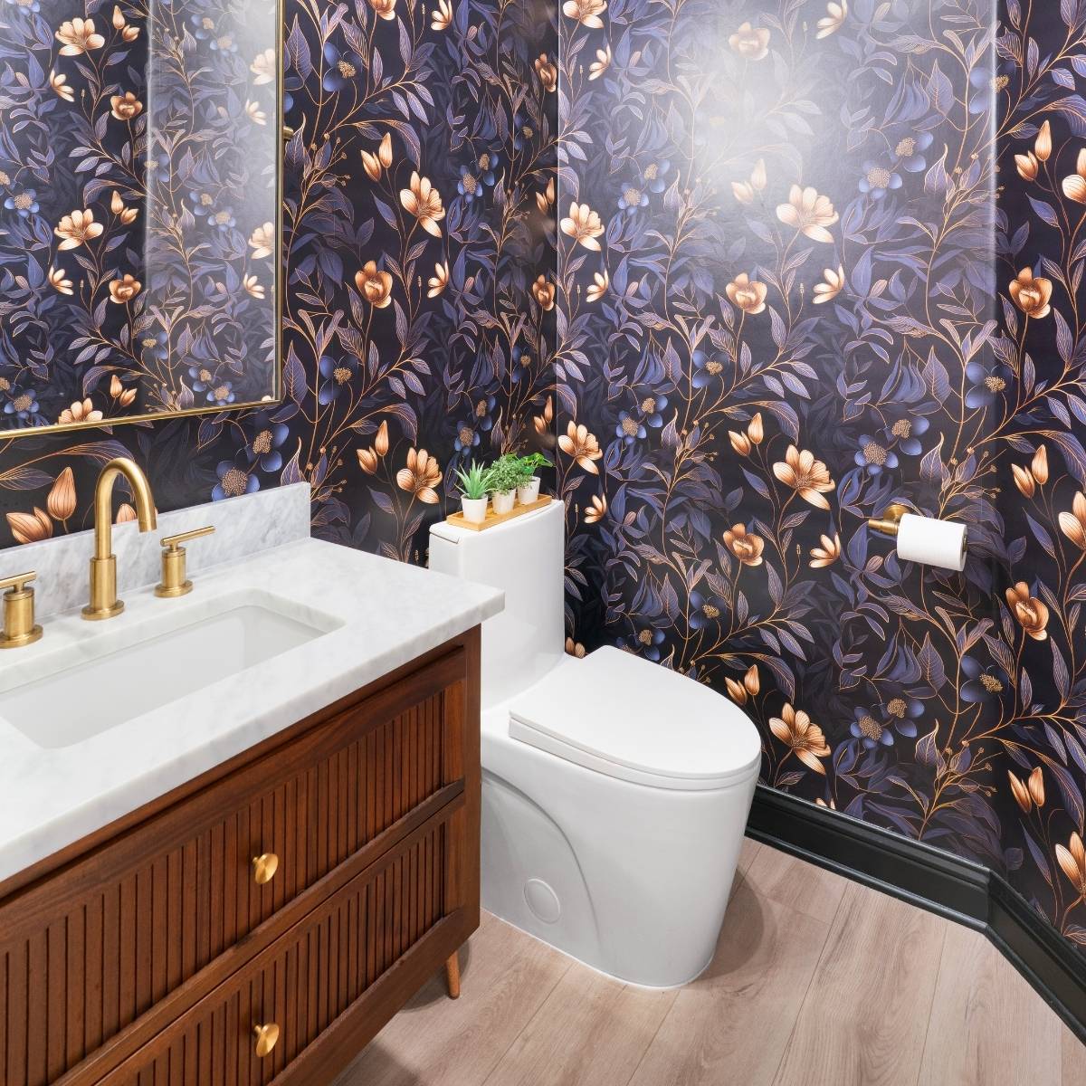 Dramatic Austin guest powder room remodel with floating vanity great lighting