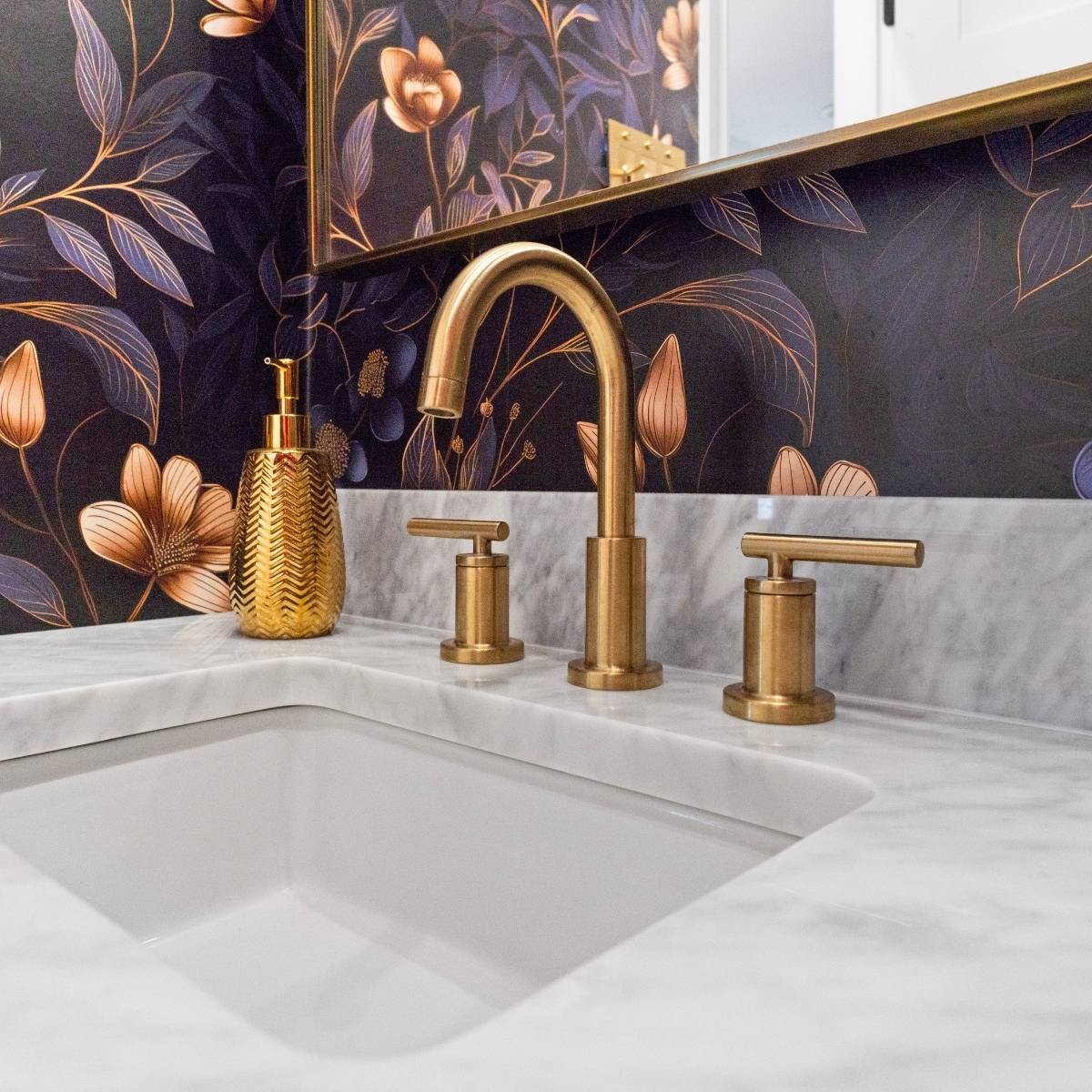Dramatic Austin guest powder room remodel with dramatic fixtures