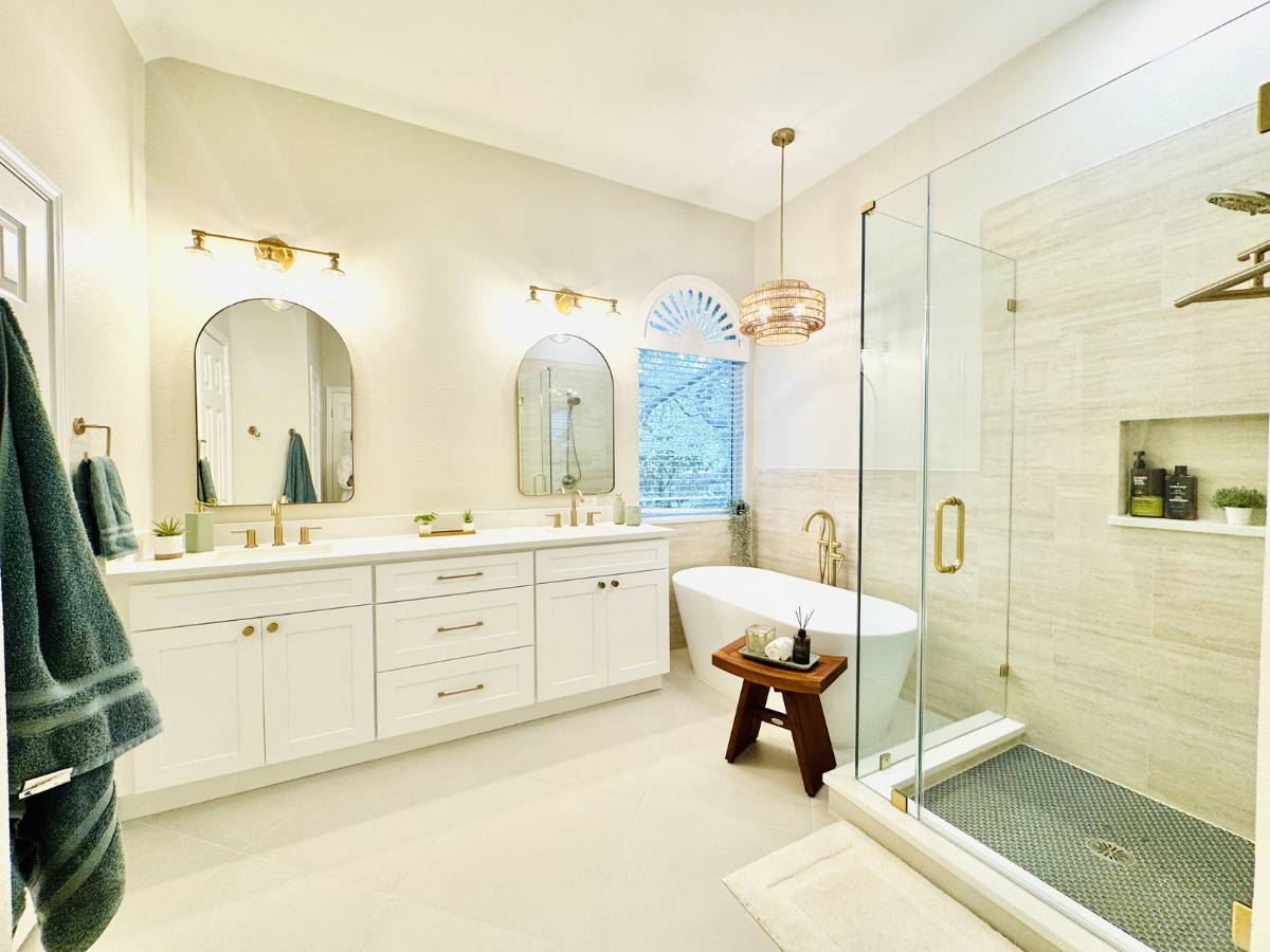 Contemporary Cedar Park primary bath with double vanity and custom storage