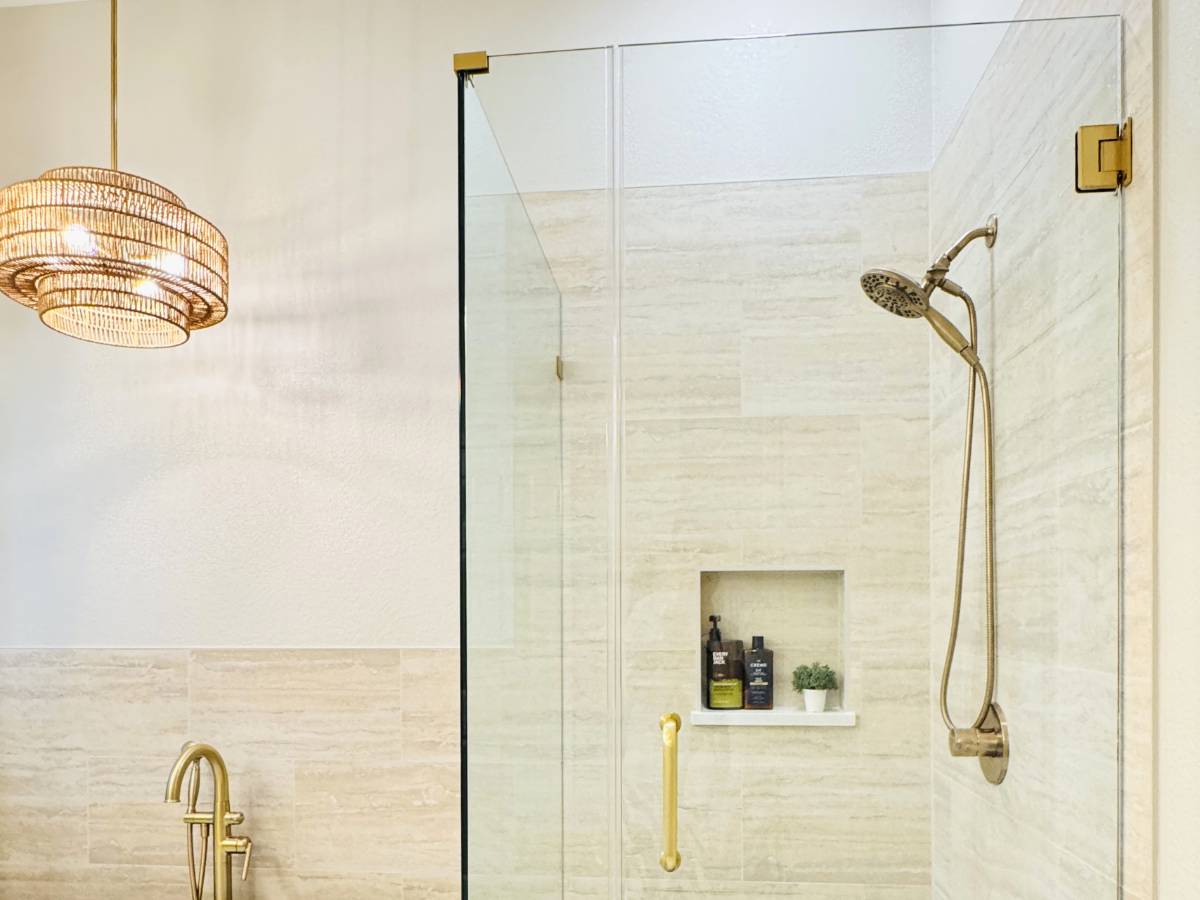 Spa-like modern Cedar Park primary bathroom remodel with custom tile shower and niche