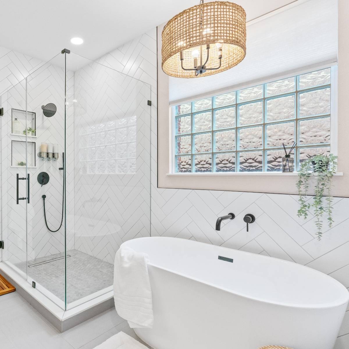 Spa-like Austin primary bath remodel with free-standing tub and custom tile shower