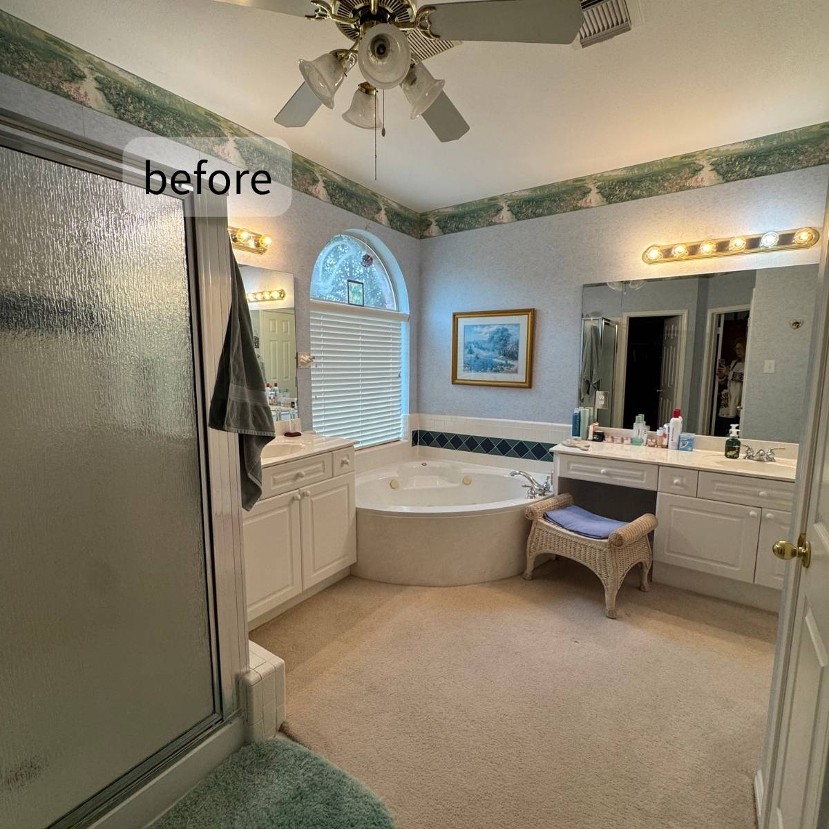 Before: Austin bathroom needing remodel - corner tub, old fixtures, tiny shower