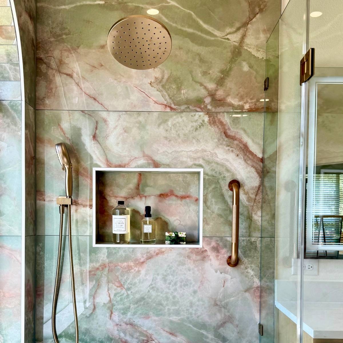After: Austin Aging-in-place primary bath remodel with custom tile shower with bench, grab bars and beautiful finishes