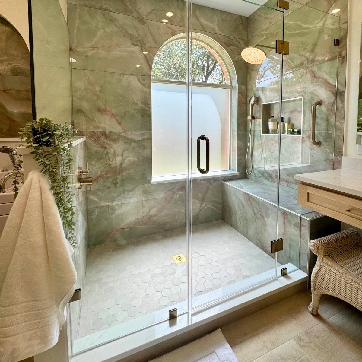 After: Luxury Austin aging-in-place ensuite transformation - custom tile walk in shower, lots of natural light