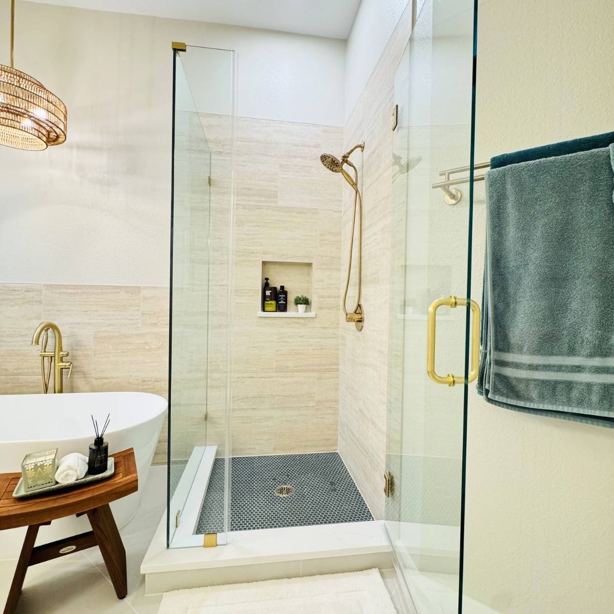 Custom Cedar Park Primary Bath Remodel with custom tile frameless glass shower