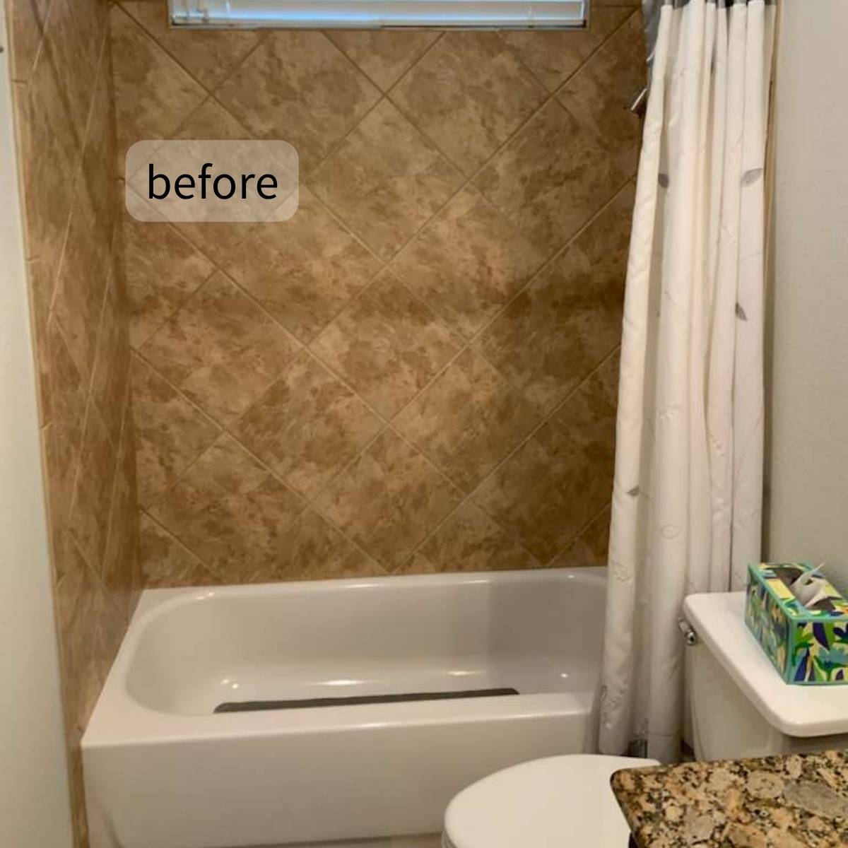 Before: Austin bathroom needing remodel - outdated, cramped tub