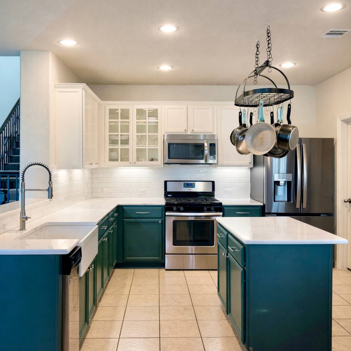 Modern kitchen refresh in Leander featuring painted teal lower cabinets, white upper cabinets, new quartz countertops, white subway tile backsplash, farmhouse sink, stainless steel appliances, and updated modern finishes by ATX Custom Remodel