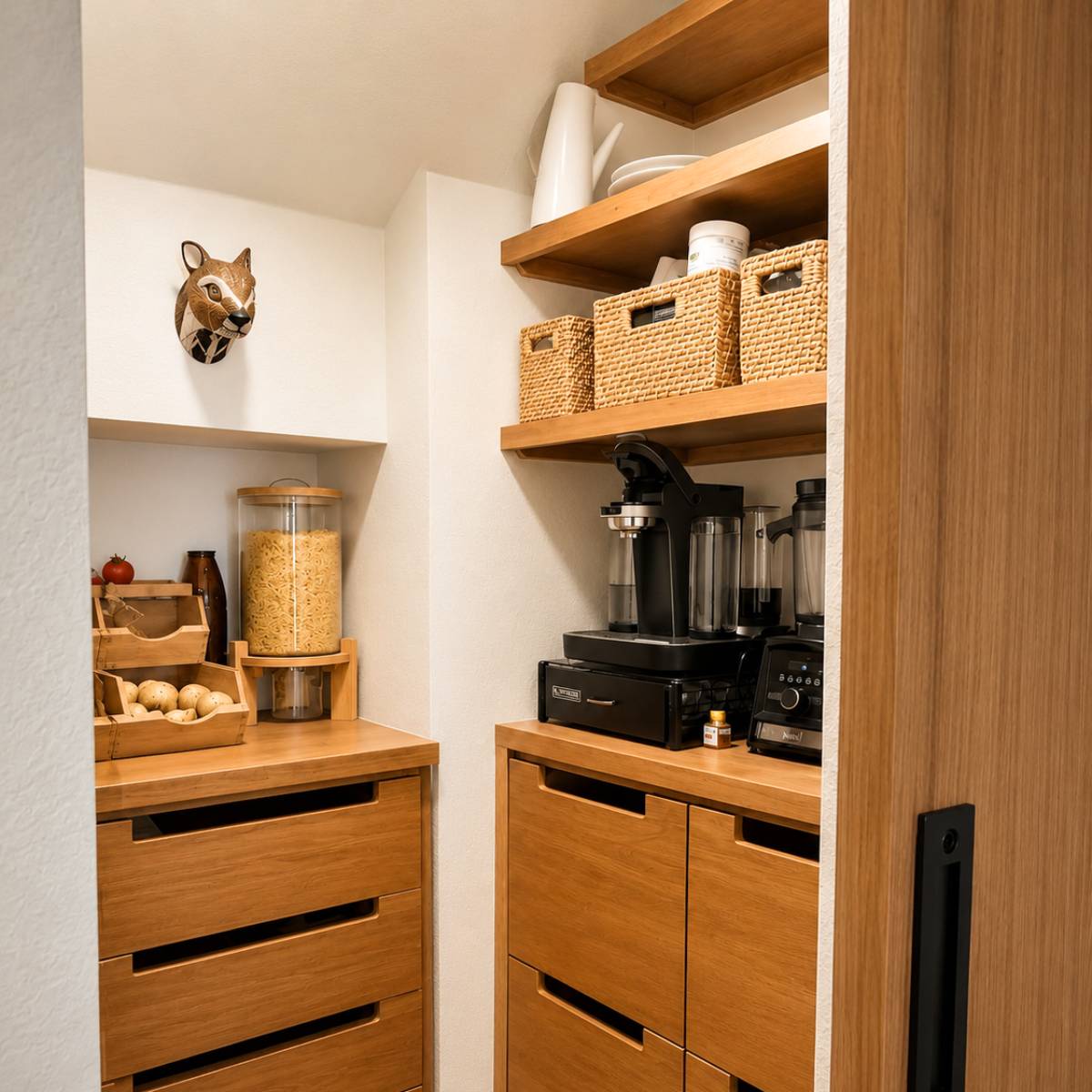 Austin Custom pantry with built-in wood cabinetry, open shelving, and organized storage designed for a specialty room remodel. 