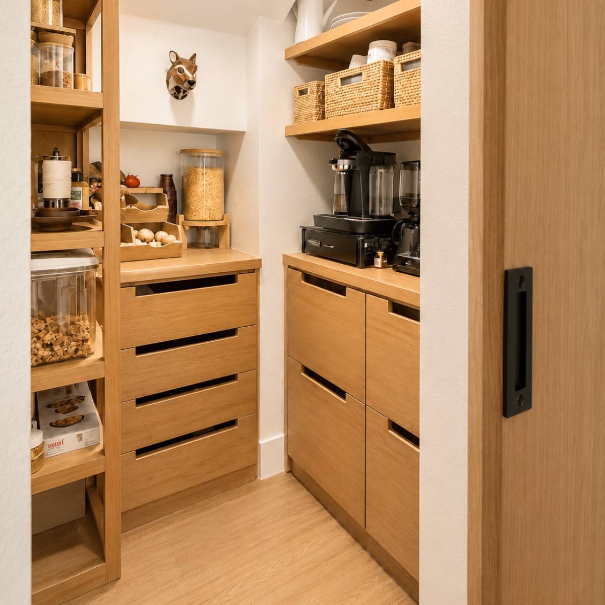 After: butler pantry with custom built-in wood cabinetry, open shelving, and organized storage designed for awkward under-stair storage.
