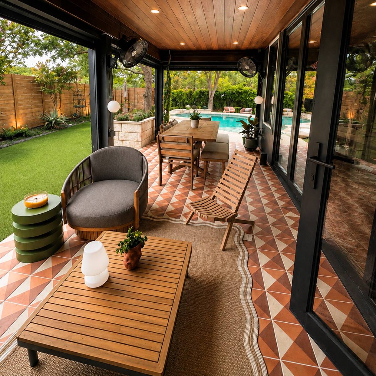 Modern outdoor kitchen remodel in Austin, Texas featuring a custom covered patio with custom tile, stained wood ceiling and custom doors that open from the kitchen for expanded outdoor living