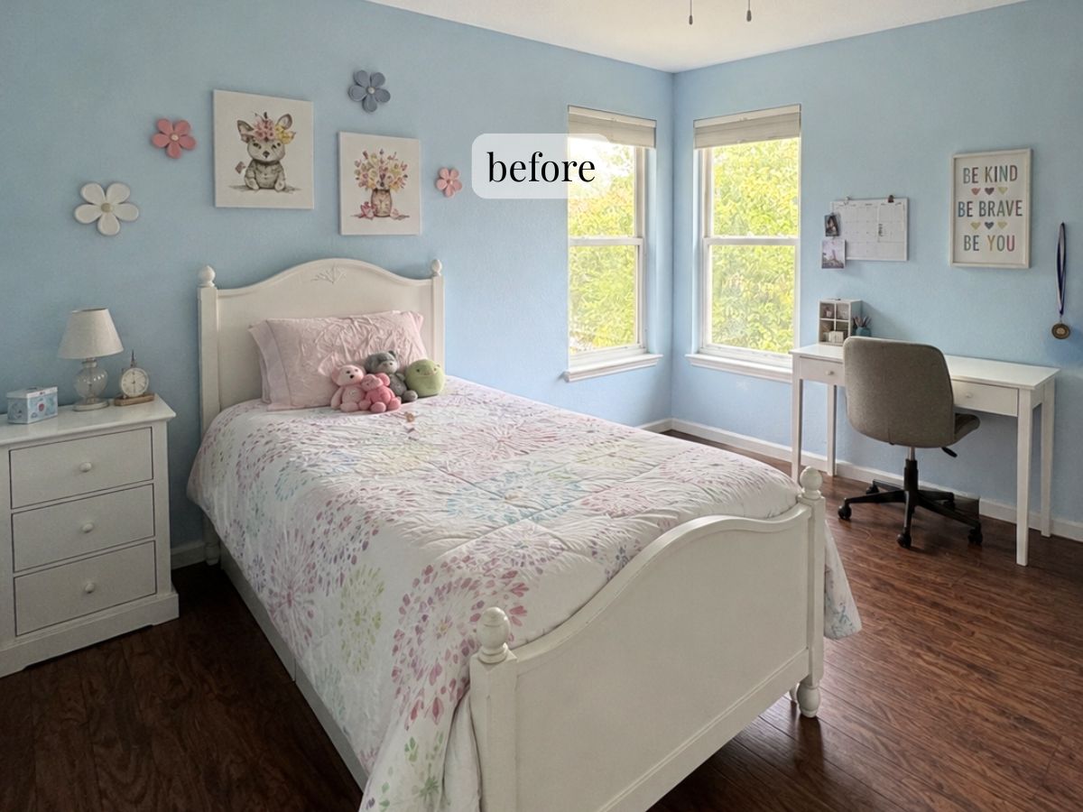 Before photo of a dated blue kids bedroom with white wooden furniture prior to a Round Rock home renovation.