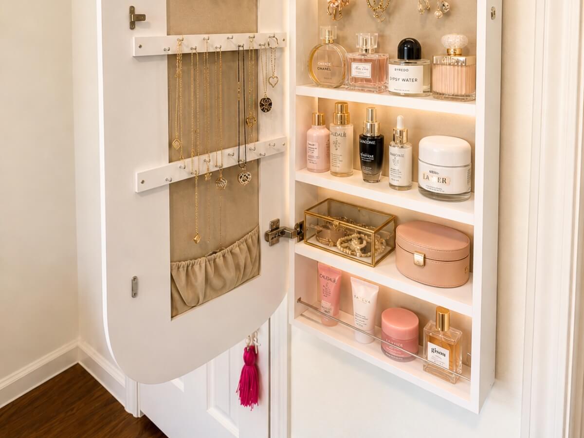 Wall-mounted white jewelry armoire and skincare storage cabinet built into a custom bedroom wall.