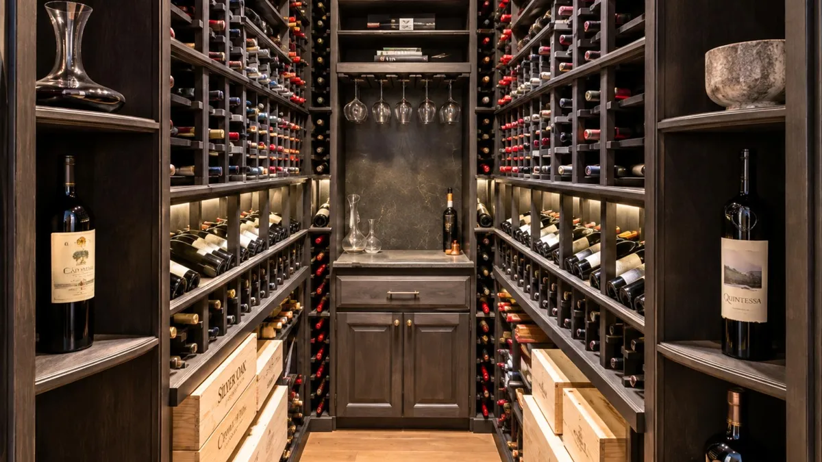 Austin custom wine room with built-in wine storage and cabinetry