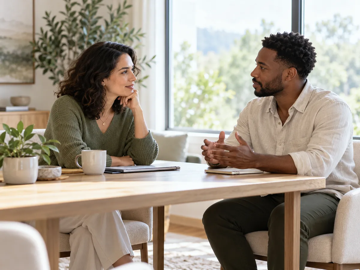 Two adults having a thoughtful conversation in a welcoming room