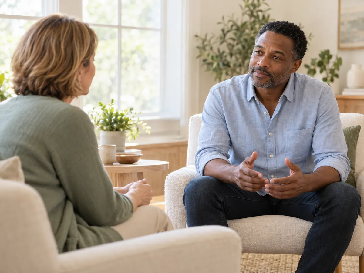 Man speaking with a woman in a bright, comfortable counseling room.