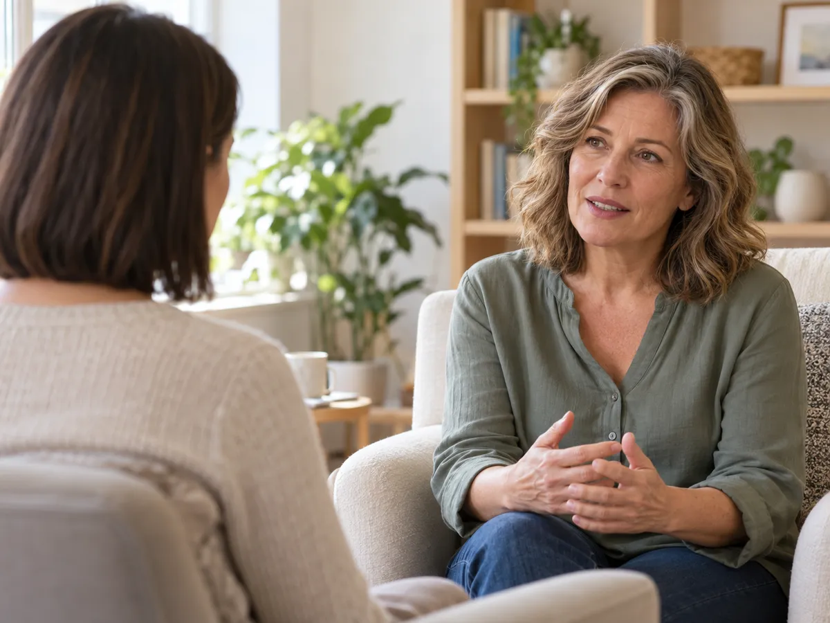 Woman speaking with another woman in a bright counseling room.