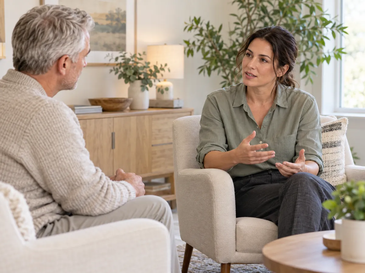 Woman speaking with a man in a bright, comfortable counseling room.