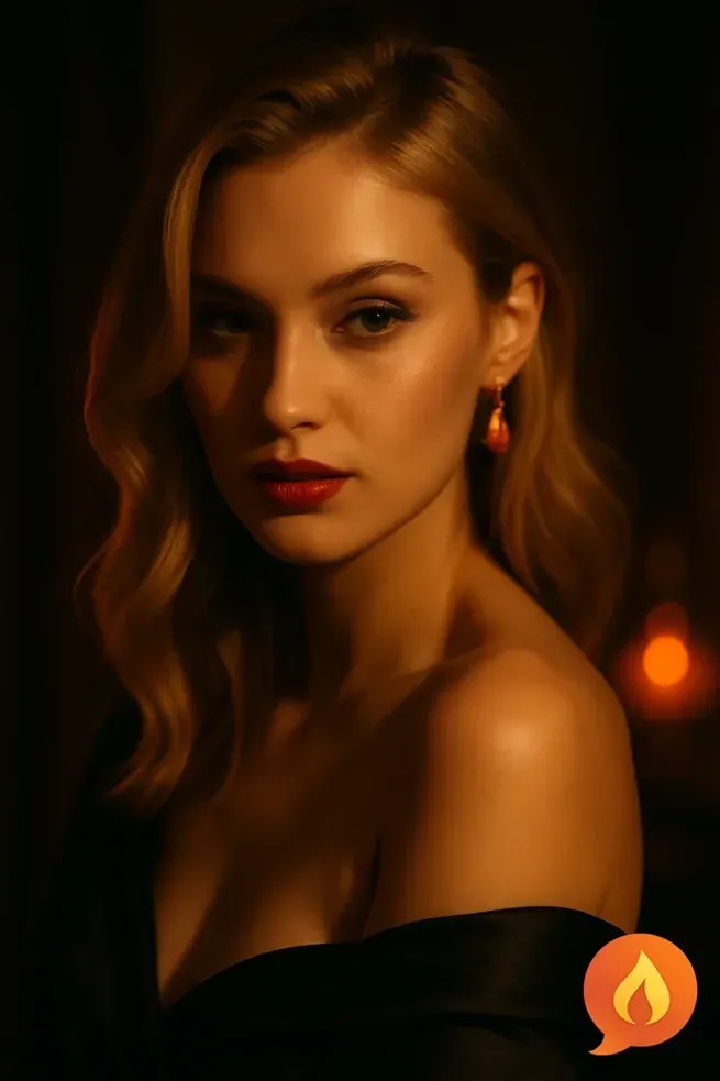 Portrait of an elegant woman in warm, low light, wearing a dark off-shoulder dress and subtle jewelry, looking calmly toward the camera.