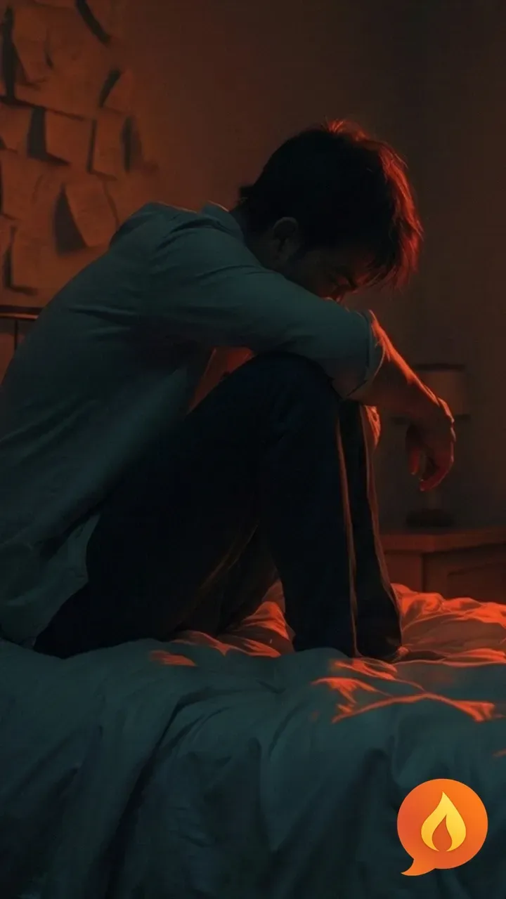 Man sitting on a bed in a dimly lit room, head down and arms resting on his knees, conveying loneliness and introspection.