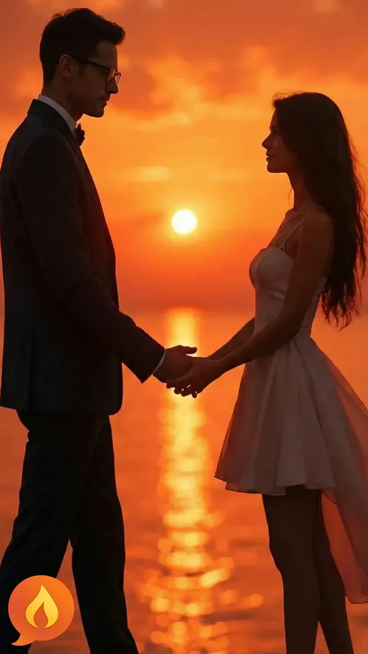 Couple standing face to face at sunset by the water, holding hands, silhouetted against an orange sky.