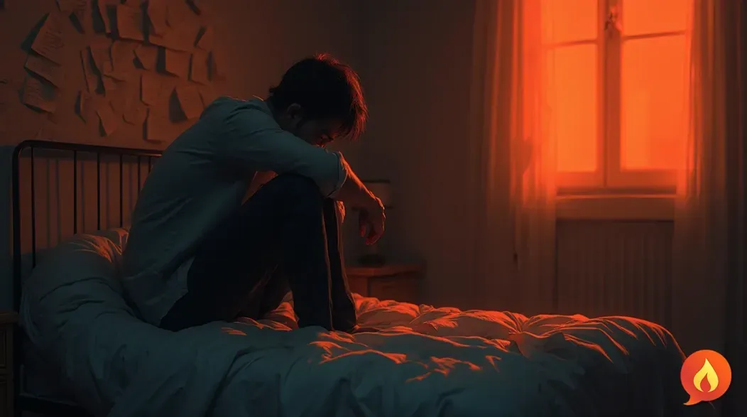 Man sitting on a bed in a dimly lit room, head down and arms resting on his knees, conveying loneliness and introspection.