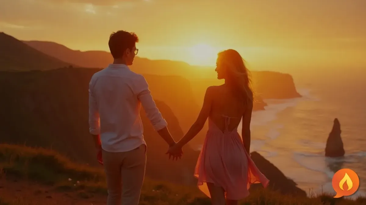 Couple standing side by side at sunset by the water, holding hands, silhouetted against an orange sky.