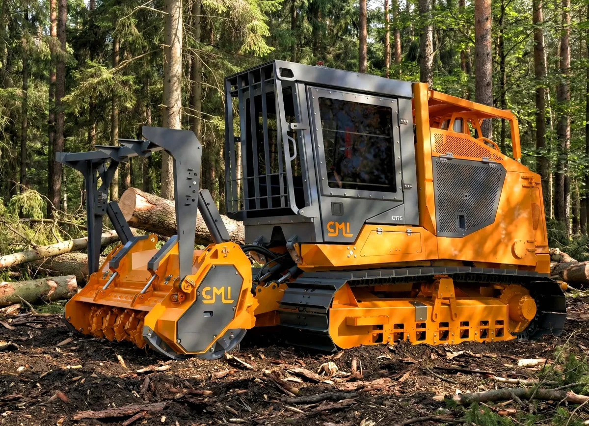Commercial forestry mulcher processing brush into nutrient-rich wood mulch on Carolina acreage