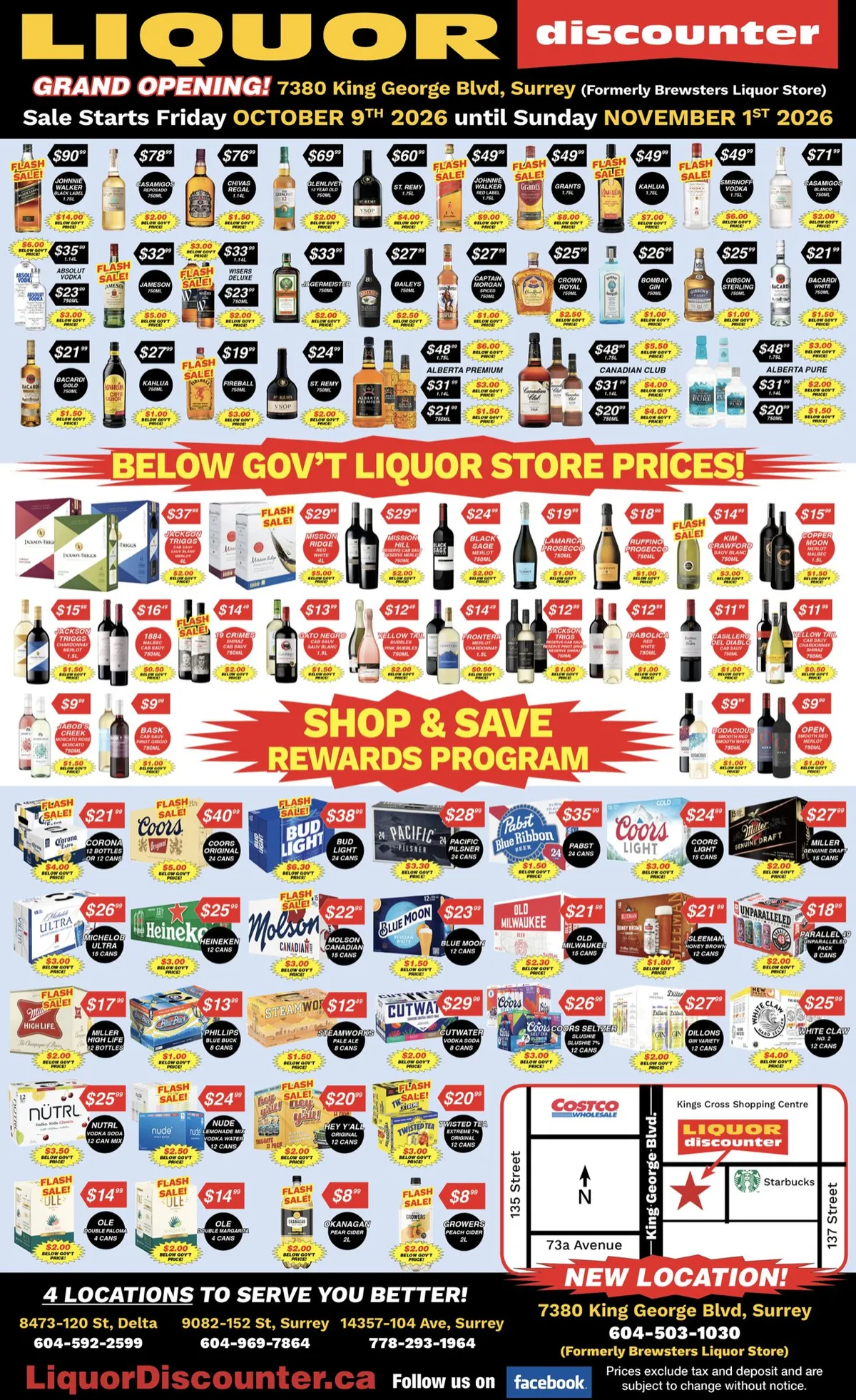Liquor Discounter Grand Opening sale flyer, 7380 King George Blvd Surrey, Oct 9 to Nov 1 2026