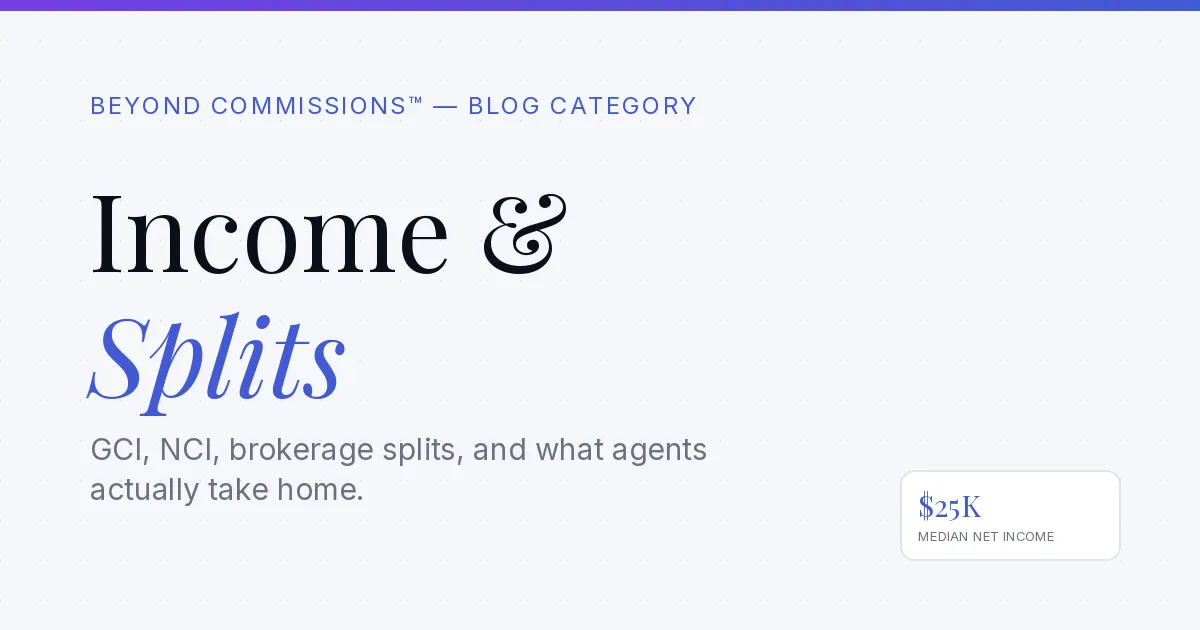 Income & Splits category cover — Beyond Commissions blog, covering GCI, NCI, brokerage splits, and real estate agent take-home pay