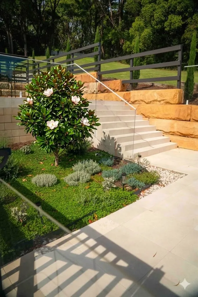 Magnolia and native planting beside sandstone stairs