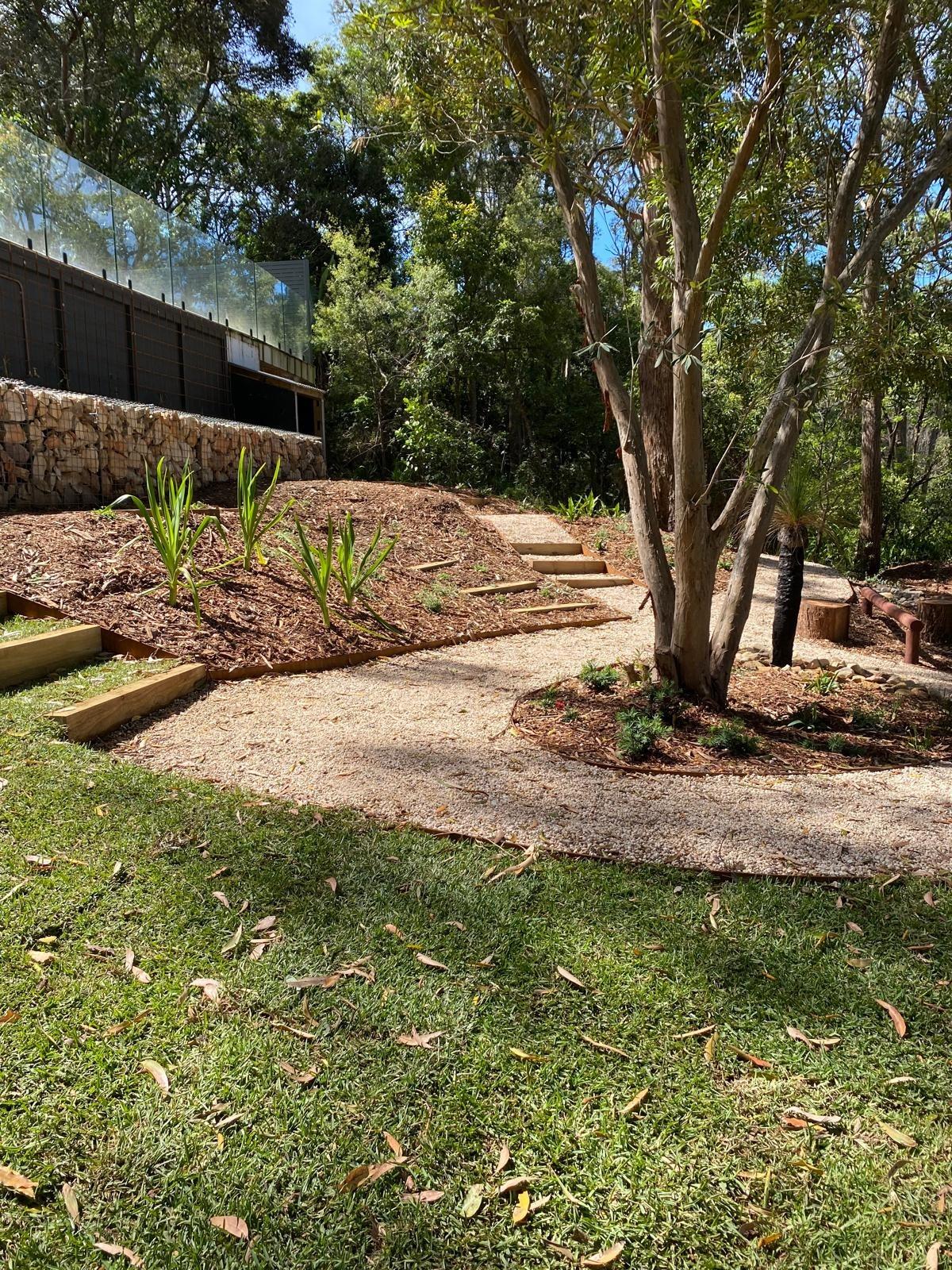 Gravel path with corten edging winding through a bushland garden