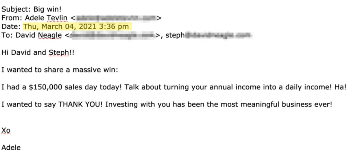 An email from my client Adele in 2021: "i had a $150,000 sales day today!"