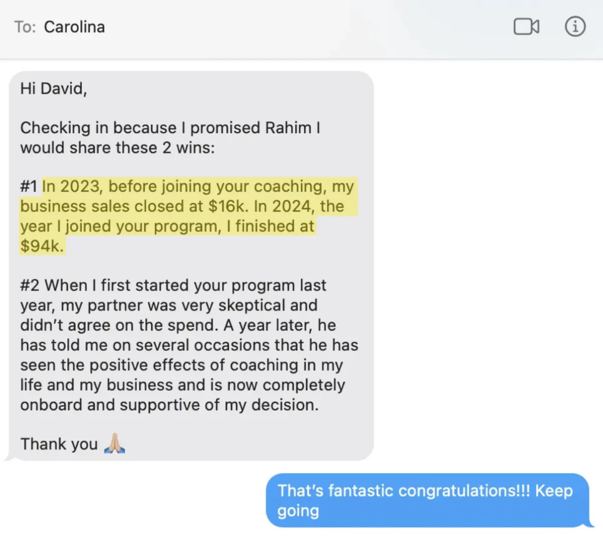 A text from my client Carolina: "In 2023, before joining your coaching, my business sales closed at $16k. In 2024, the year I joined your program, I finished at $94k."