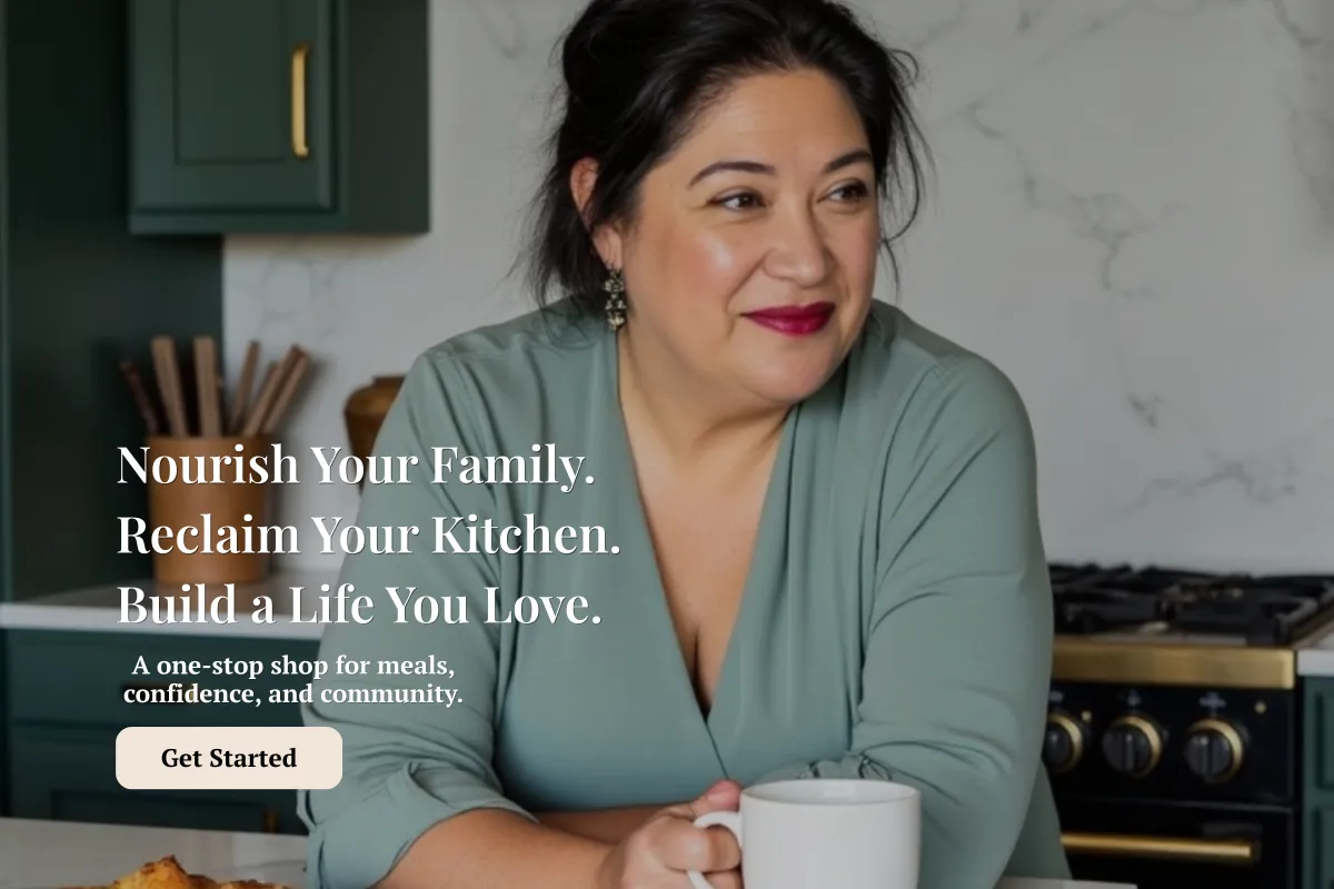Rebecca leans at a kitchen counter holding a white mug in a modern green-and-white kitchen. Text reads, “Nourish Your Family. Reclaim Your Kitchen. Build a Life You Love,” with a “Get Started” button.
