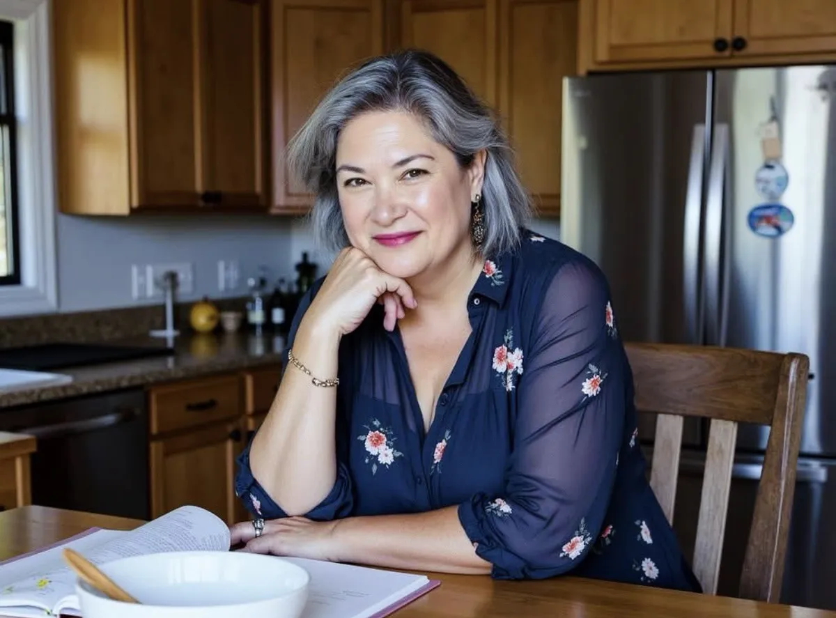 Rebecca Connolly standing in a warm residential kitchen with fresh seasonal culinary ingredients