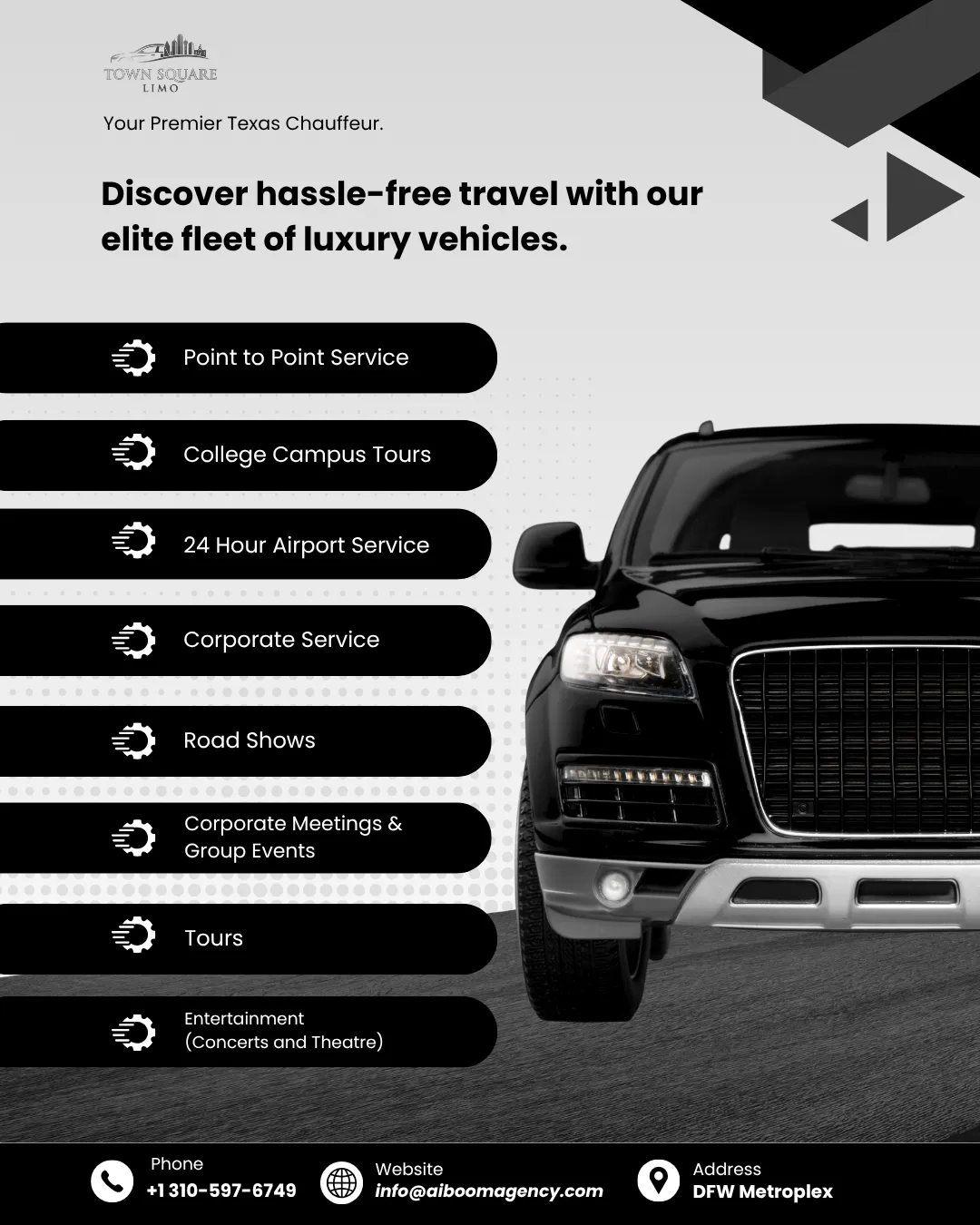 A black limousine travels down a city street.