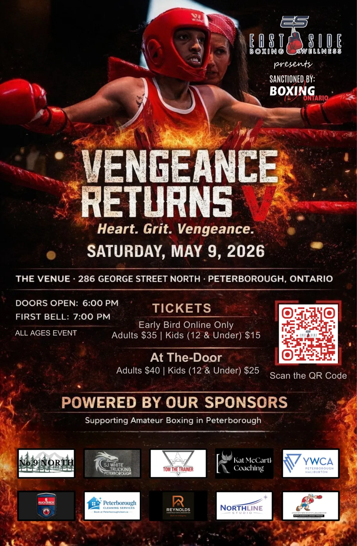 Vengeance Returns V fight night poster with bold crimson accents and fighter silhouettes