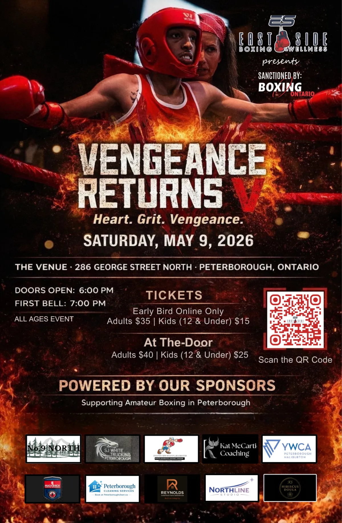 Vengeance Returns V fight night poster with bold crimson accents and fighter silhouettes