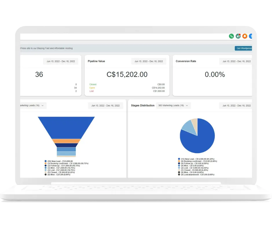 crm saas product mage of funnel, showing the system on a laptop