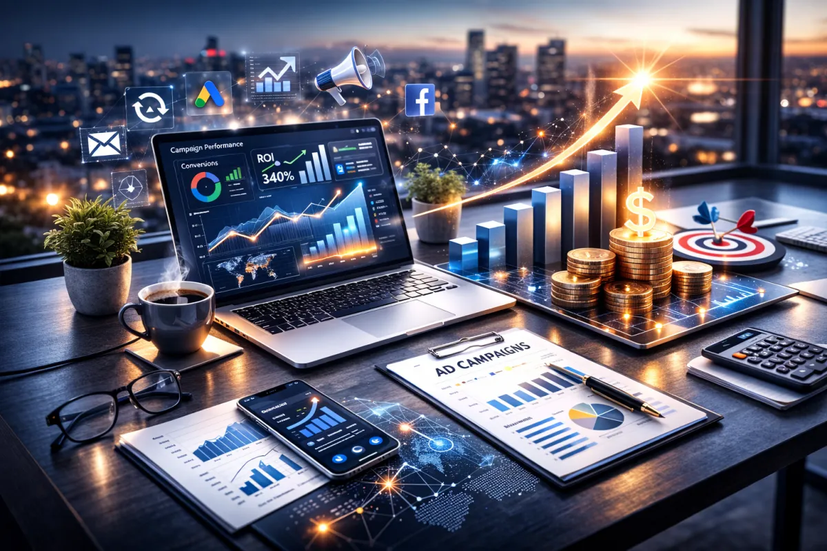 Digital advertising performance dashboard with PPC analytics, ROI growth chart, target icon, and rising revenue graph over a city skyline at sunset.