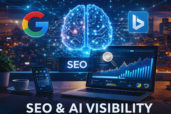 SEO and AI visibility dashboard with search analytics, neural network graphic, and rising traffic performance charts representing generative search optimization.