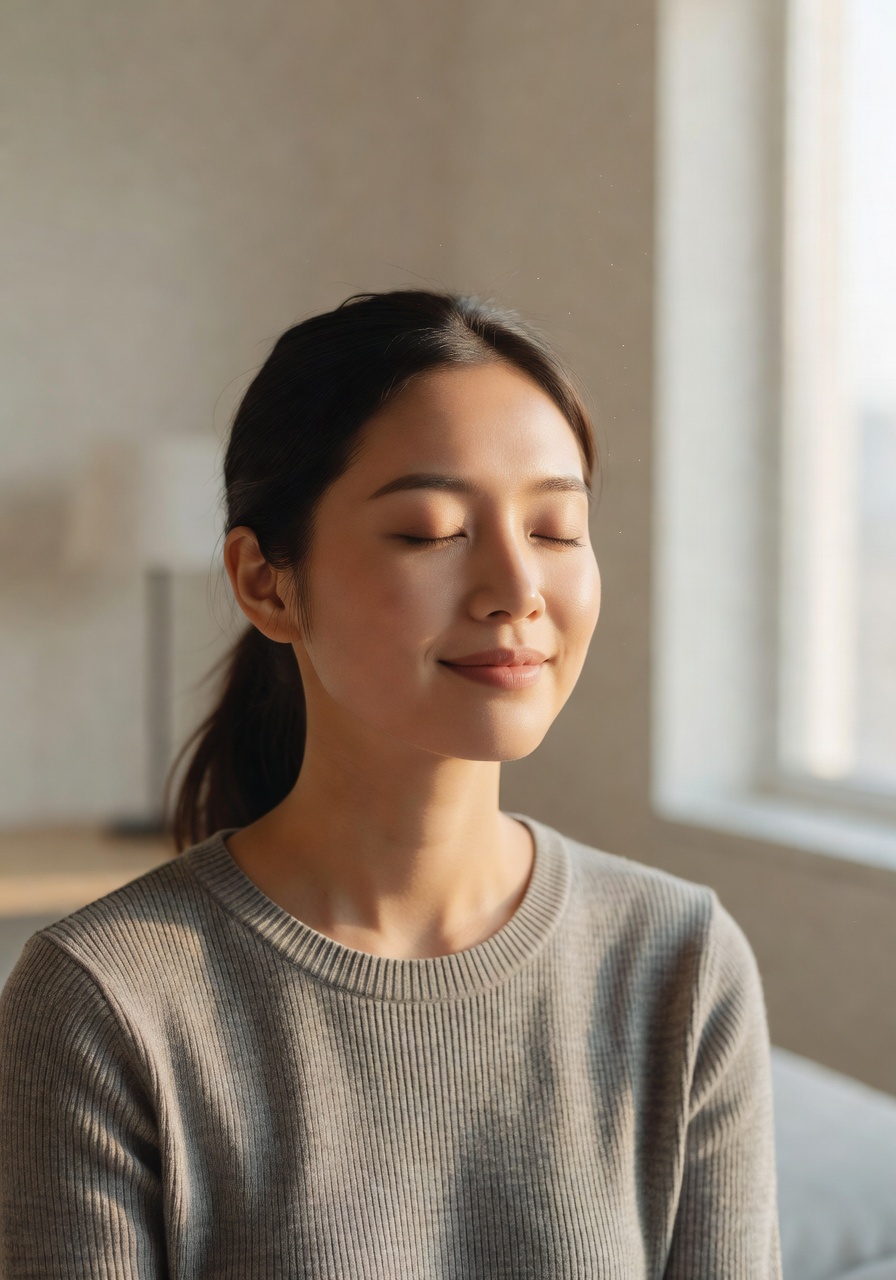 Woman Breathing Clean Air In Living Room