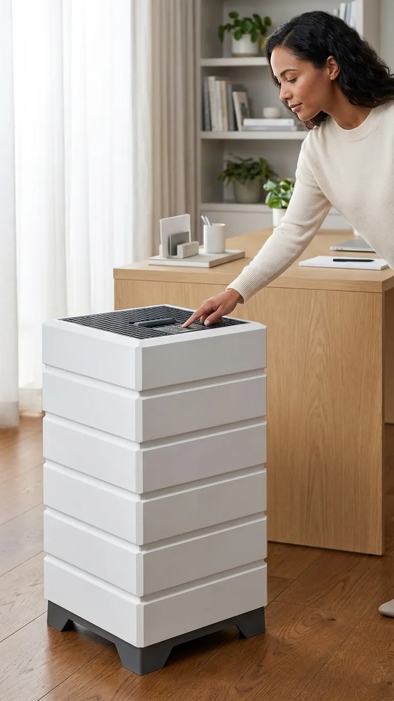 Woman turning on the Aspen Air Purifier in office