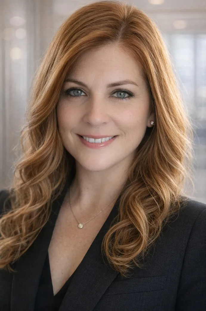 Portrait of Patricia Rawls, licensed life insurance broker, smiling, wearing a navy blazer against a dark blue background.