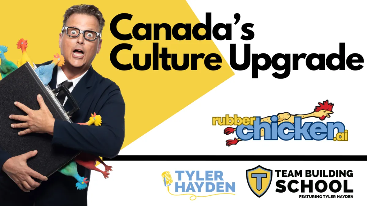 man with rubber chickens in briefcase