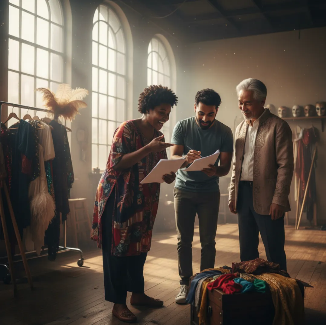 A renowned female director, mid-40s, giving feedback to a diverse group of students in a rehearsal space, 1:1 aspect ratio