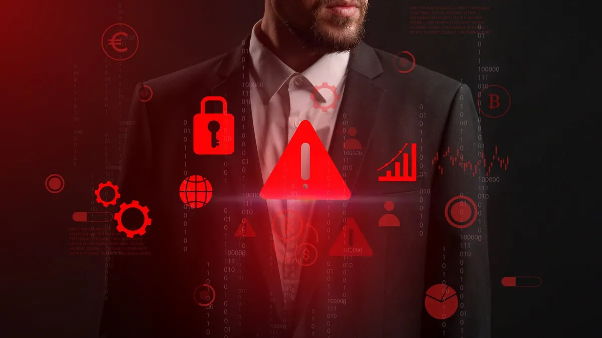 Businessman surrounded by red cybersecurity and finance icons — warning sign, padlock, and rising chart — weighing where to prioritize security spending