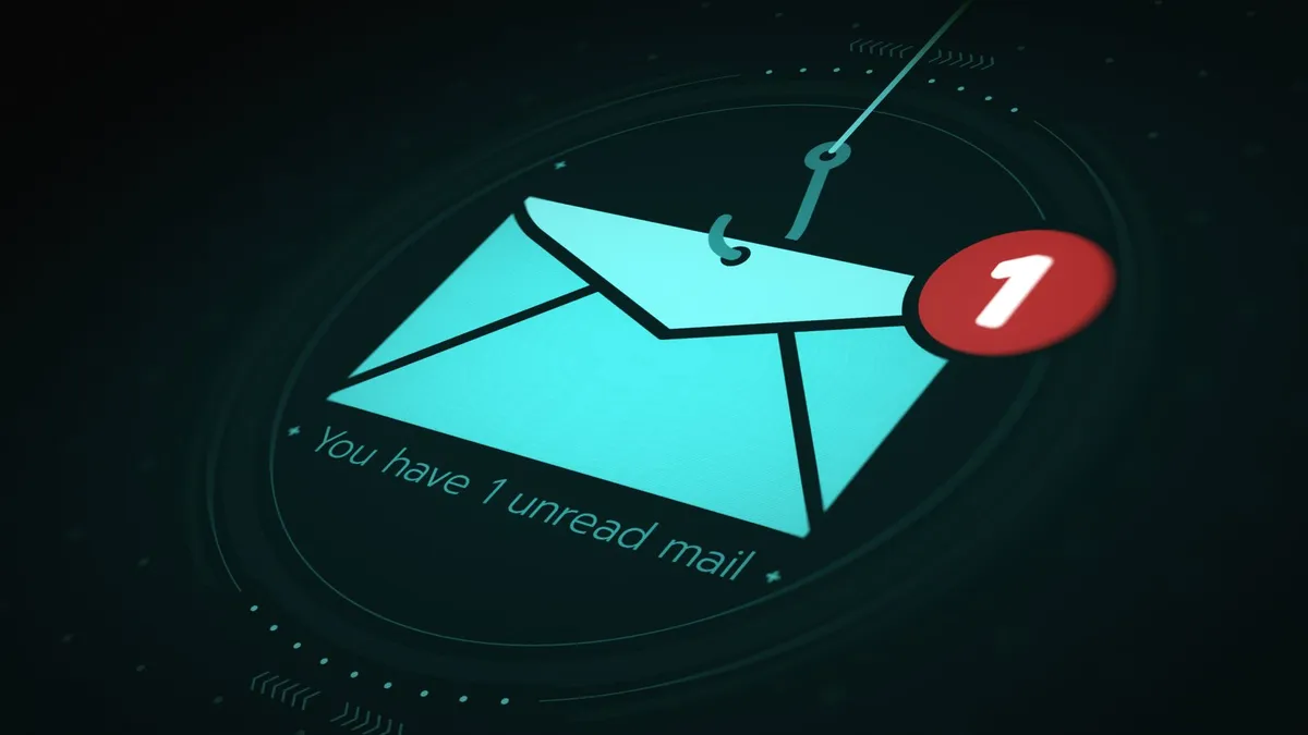 Email envelope hooked on a fishing line with a red unread-mail alert, illustrating a phishing attack on business email